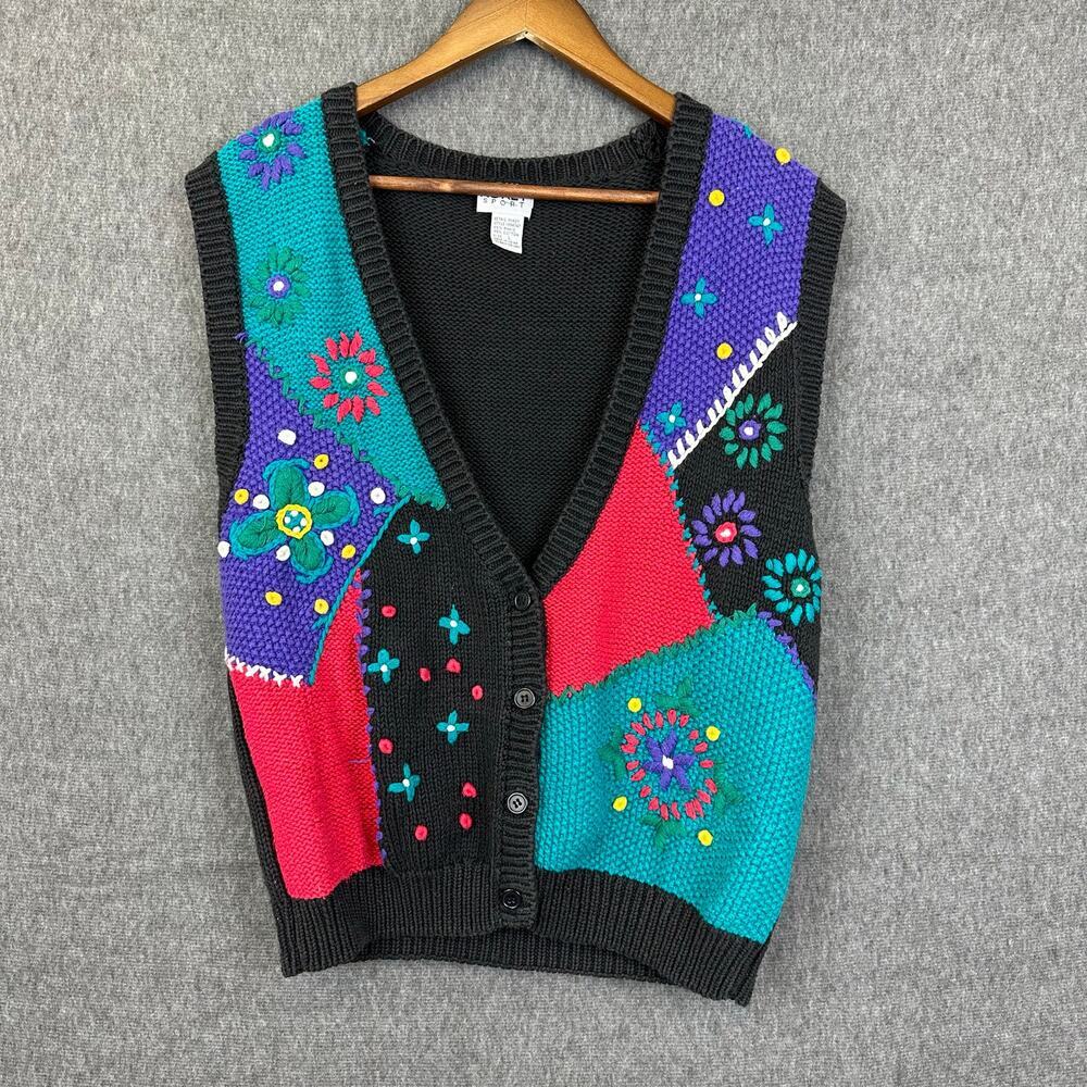 Koret Vintage Sweater Vest Patchwork Embroidered Black Sz L School Grannycore